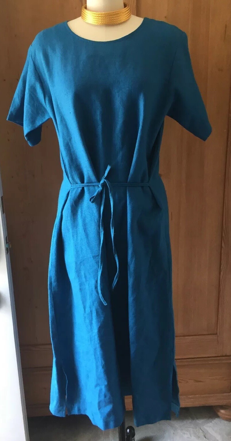JES ‘Irie’ Wear Bold Turquoise Linen Short Sleeve Dress~ Waist Tie~ MEDIUM NWOT