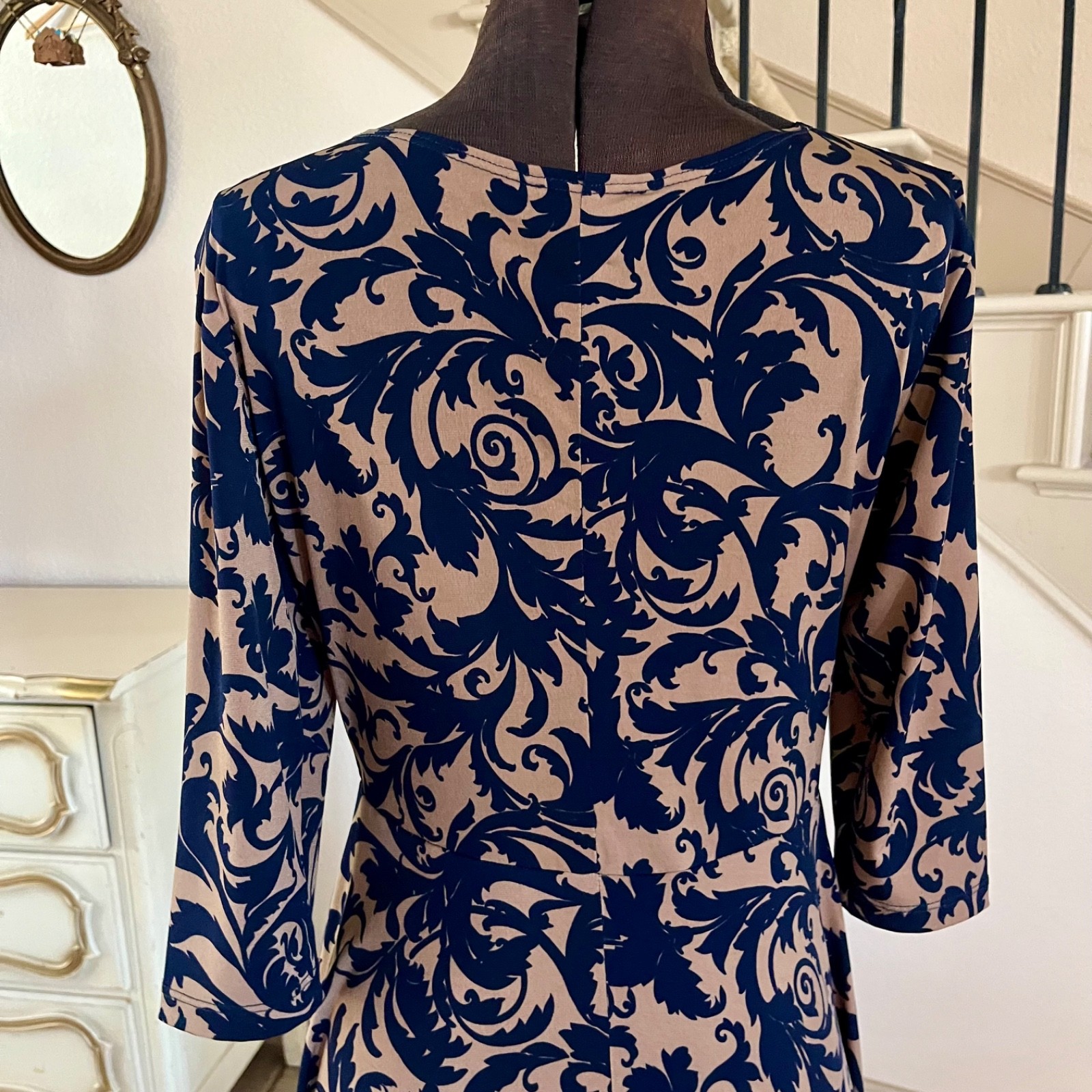 LBISSE Womens Medium A-line Dress Navy Blue Tan Floral Stretch Retro V-neck