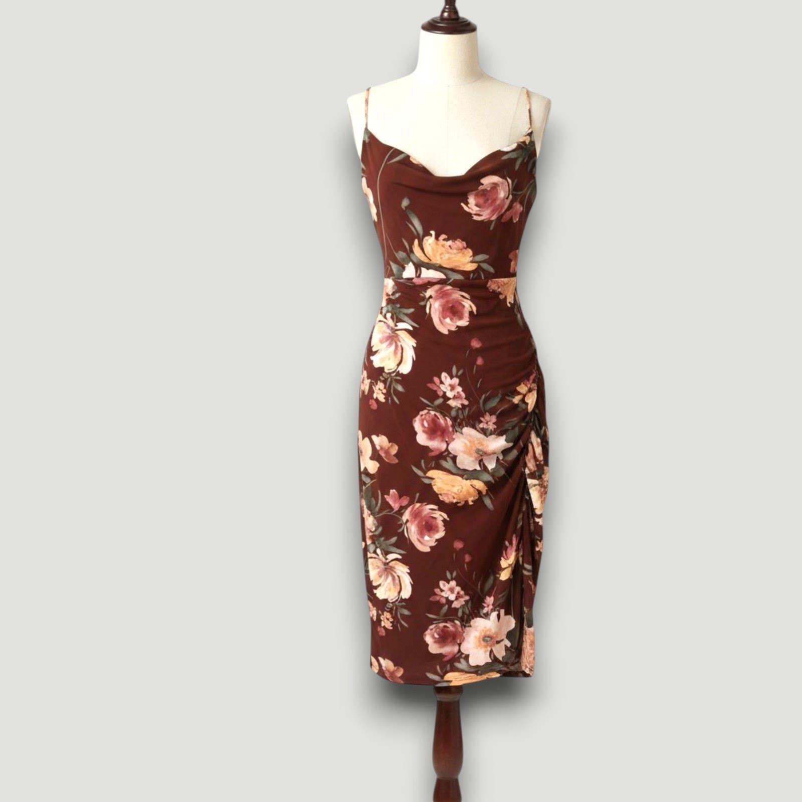 Windsor Womens Dress Brown M Floral Ruched Wedding Guest Romantic Cocktail Party