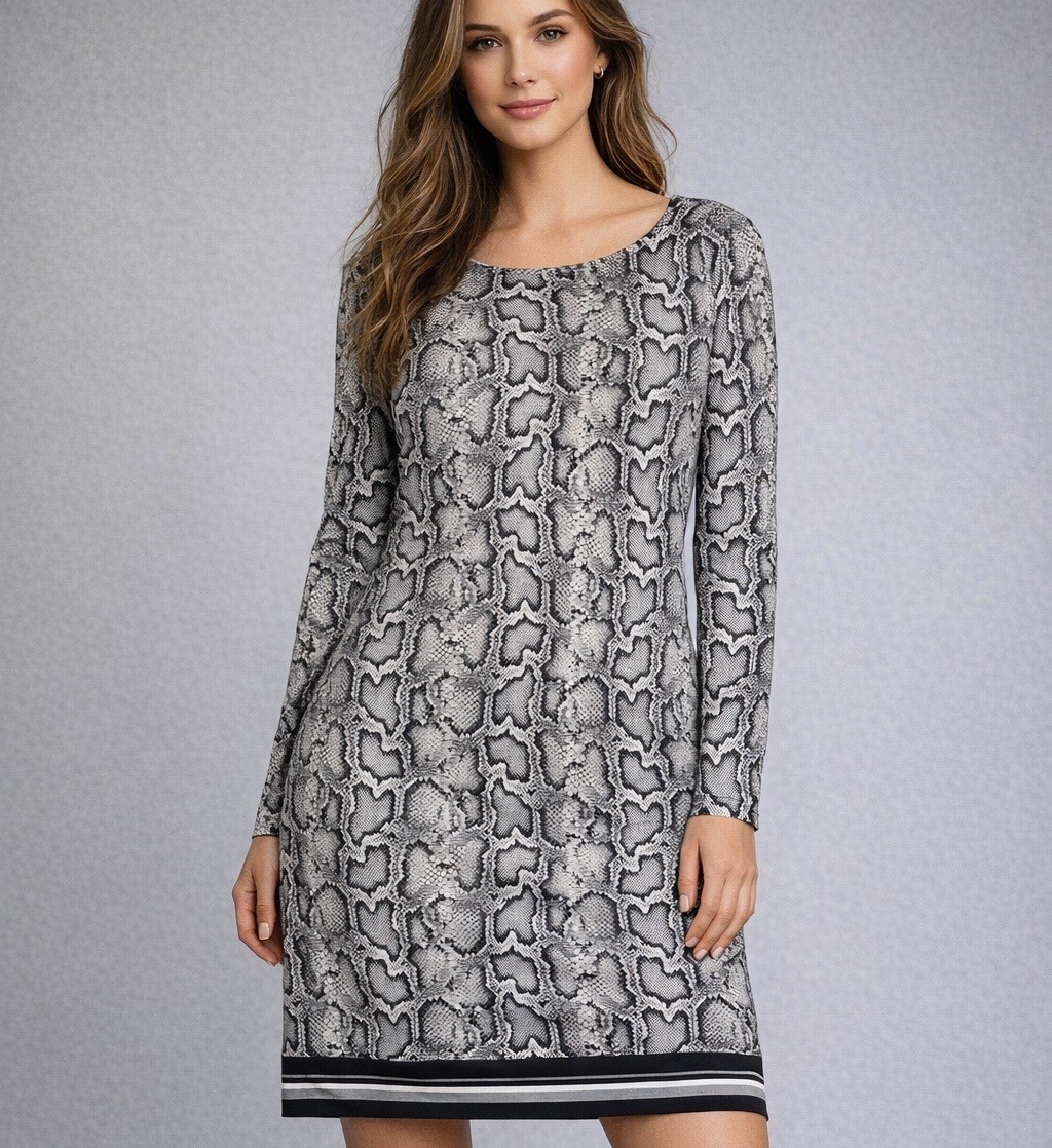 Michael Kors Women’s L Gray Snakeskin Print Shift Dress Contrast Striped Hem Lg.