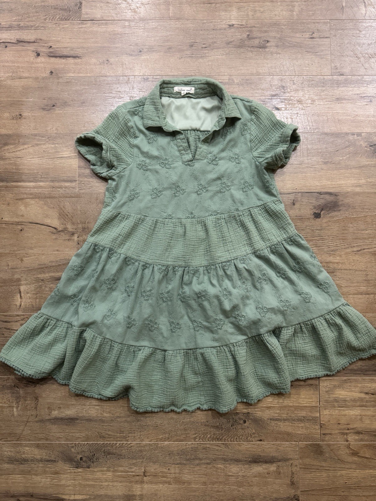 Indigo soul Green Collared Tiered Shirt Dress, Floral Embroidered, S