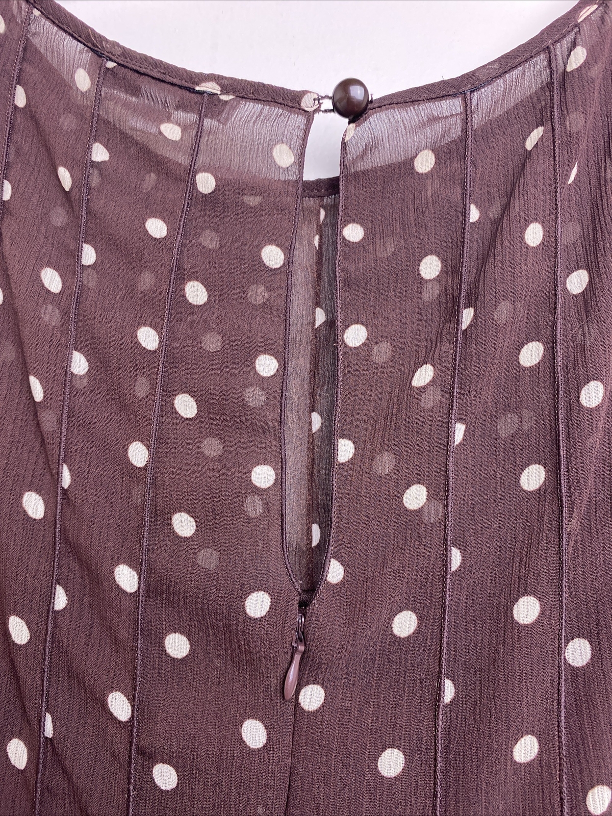 Brown White Polka Dot Sheer Lined Sleeveless Ruffle Dress Sz 12 Pretty Woman
