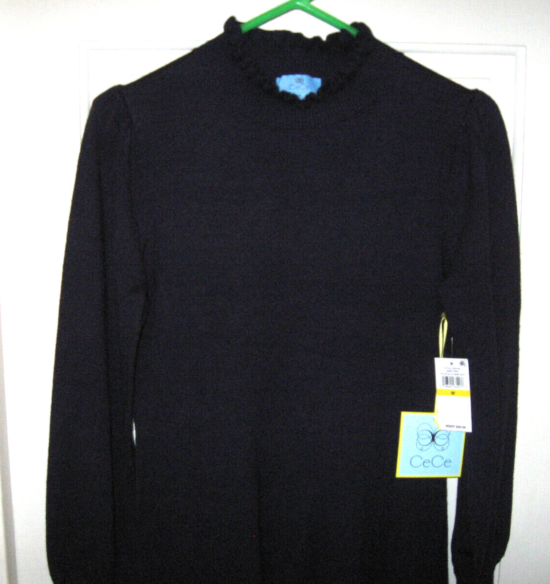NEW CeCe RUFFLED NECK CUFFS KNIT SWEATER DRESS SZ M NAVY BLUE NWT $99