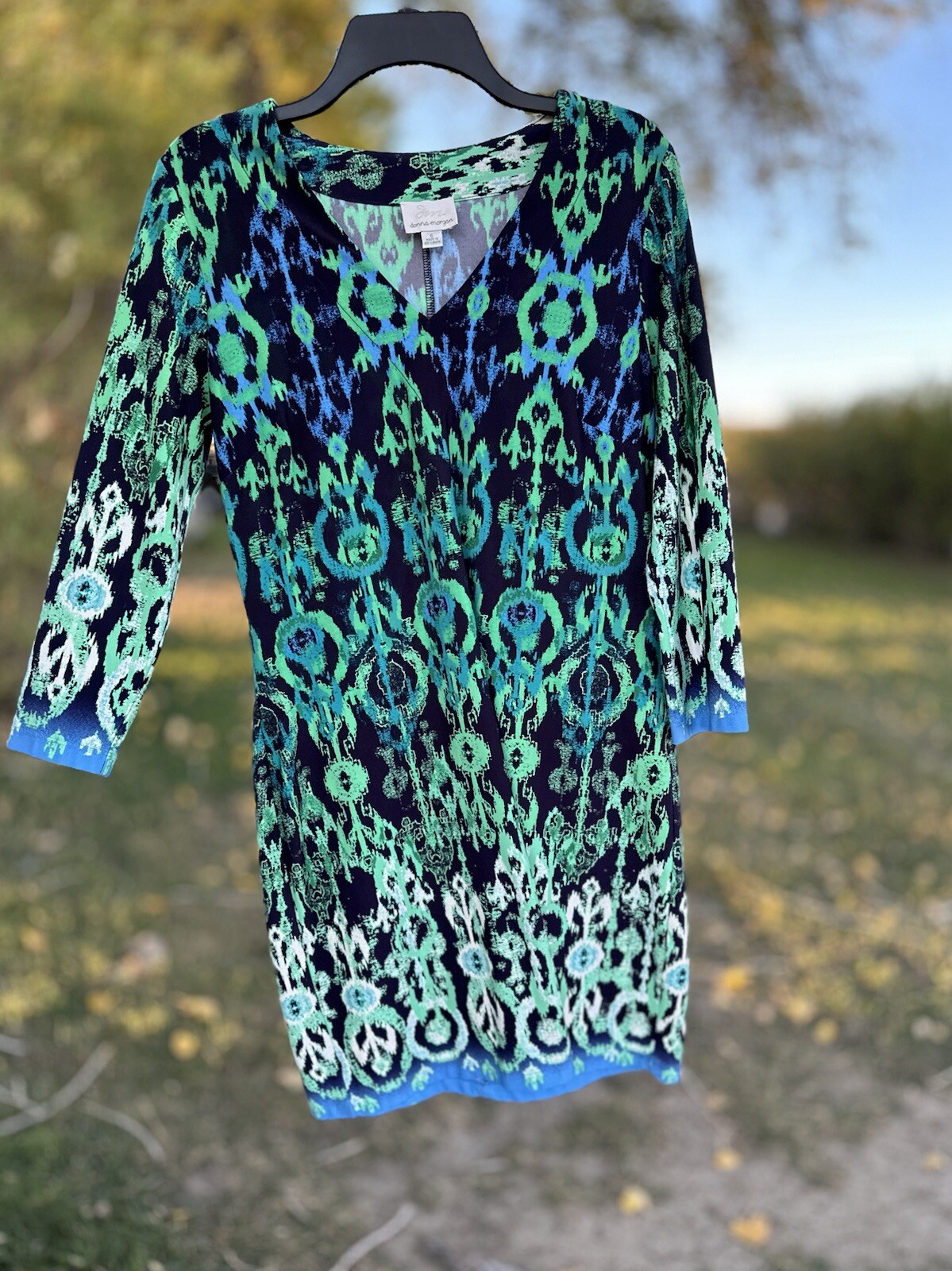 Donna Morgan Shift Pencil Dress Womens 6 Stretch Multicolor V-Neck 3/4 Sleeves