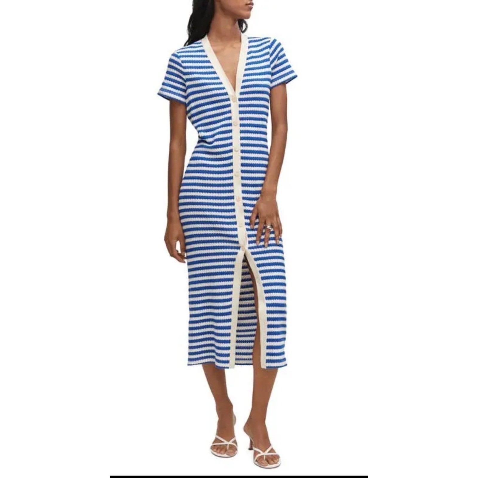 Mango Blue White Striped Knit Midi Dress Button Front Short Sleeve L NEW