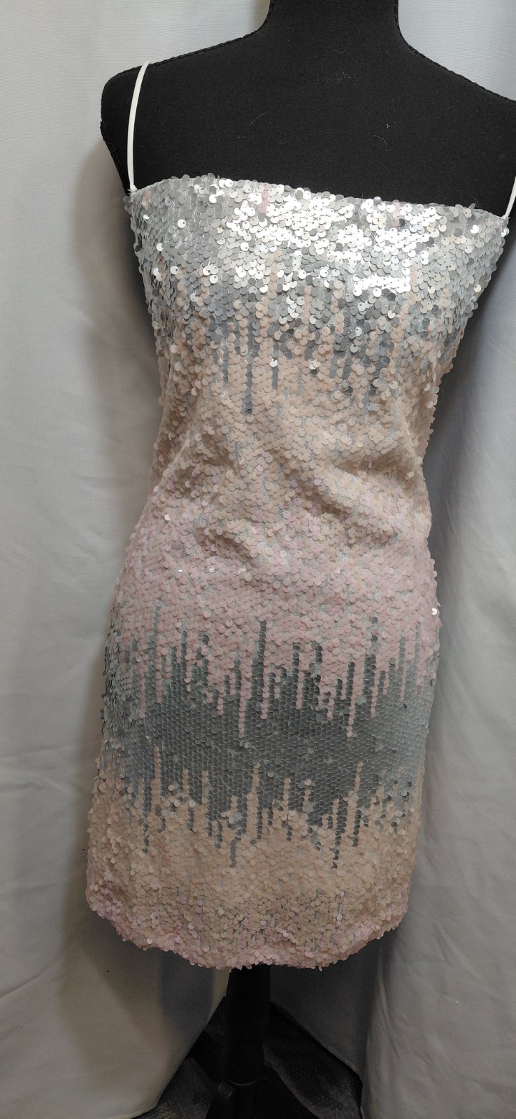 Sequin Silver Pink Gray Spaghetti Strap Mini Sheath Dress Abstract Short S