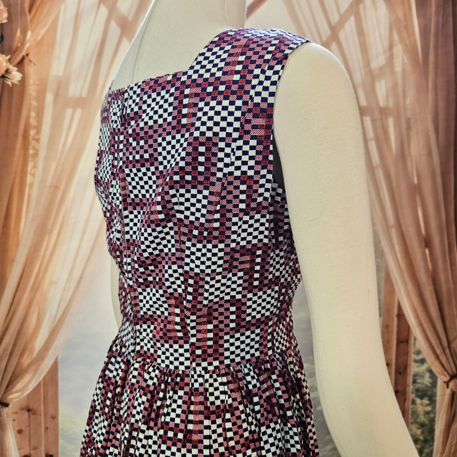 Vintage 1960’s Geometric Checkered Fit & Flare Dress Red White Navy Square Neck