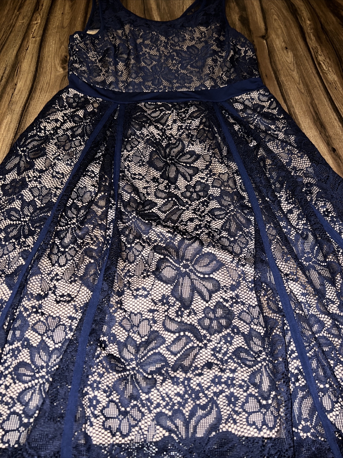 Women Blue Tan Lace Floral Sleeveless Dress Medium Layered Summer Polyester