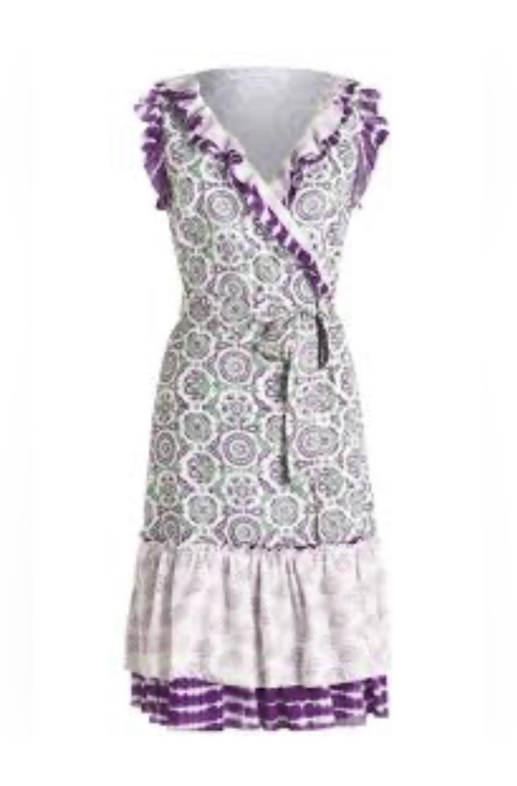 Diane Von Furstenberg Designer Judette Green Purple Mixe Ruffle Wrap Midi Dress