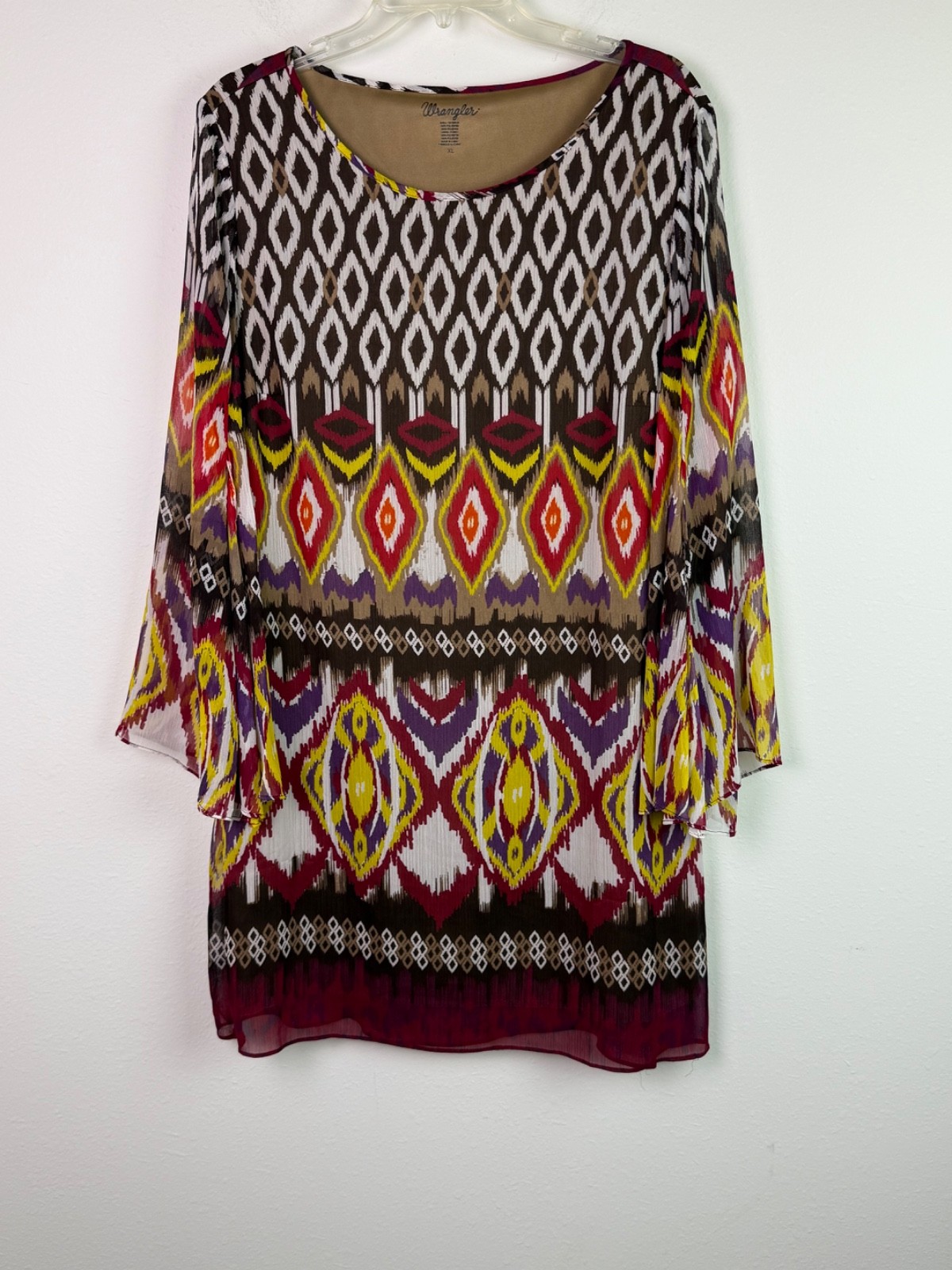 Wrangler Aztec Ikat Print Tunic Dress Size XL Bell Sleeve Boho Southwestern Chic