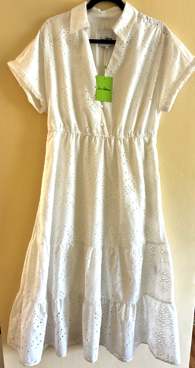 Sam Elderman Sz 14 Eyelet White Dress Midi Length Short Sleeves NWT