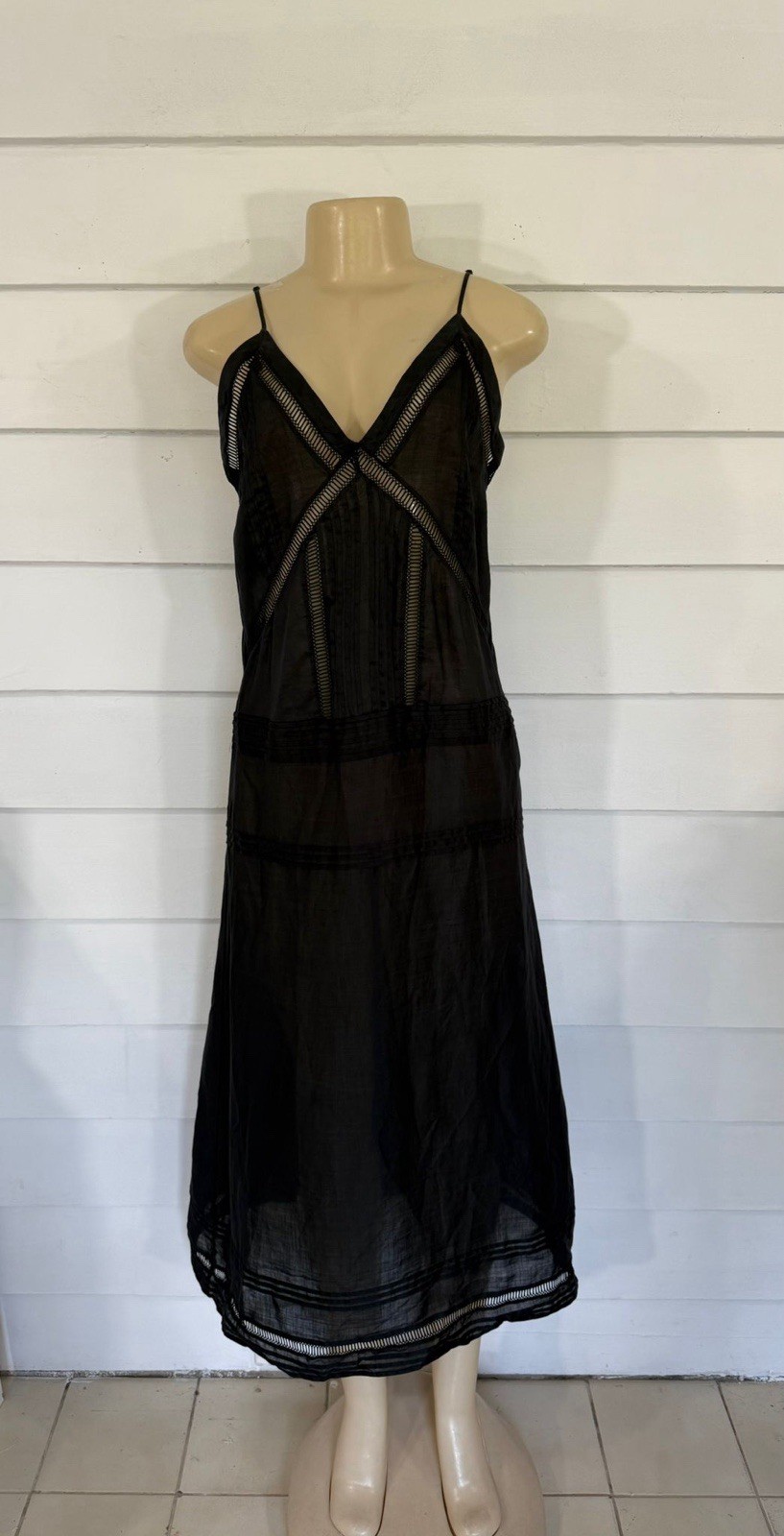 NEW ZARA WOMAN RAMIE MIDI DRESS LACE TRIM BLACK V Neck Sheer SIZE XS Y480F