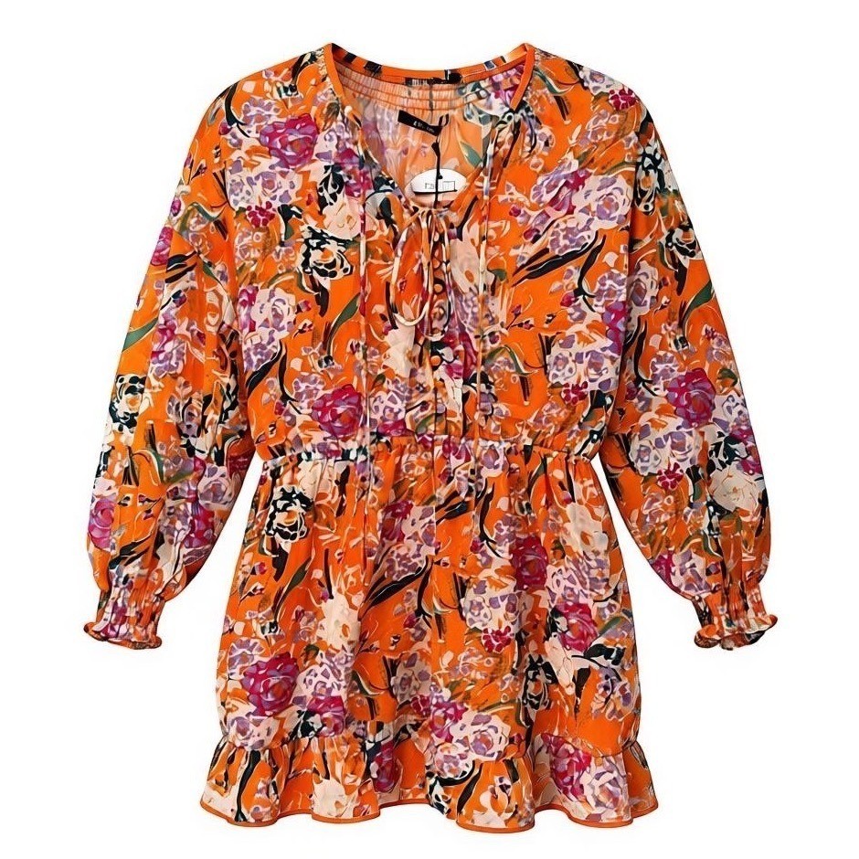 NEW DELUC LARGE Romper Orange Floral Print Tie Neck Long Sleeve Ruffle – AC