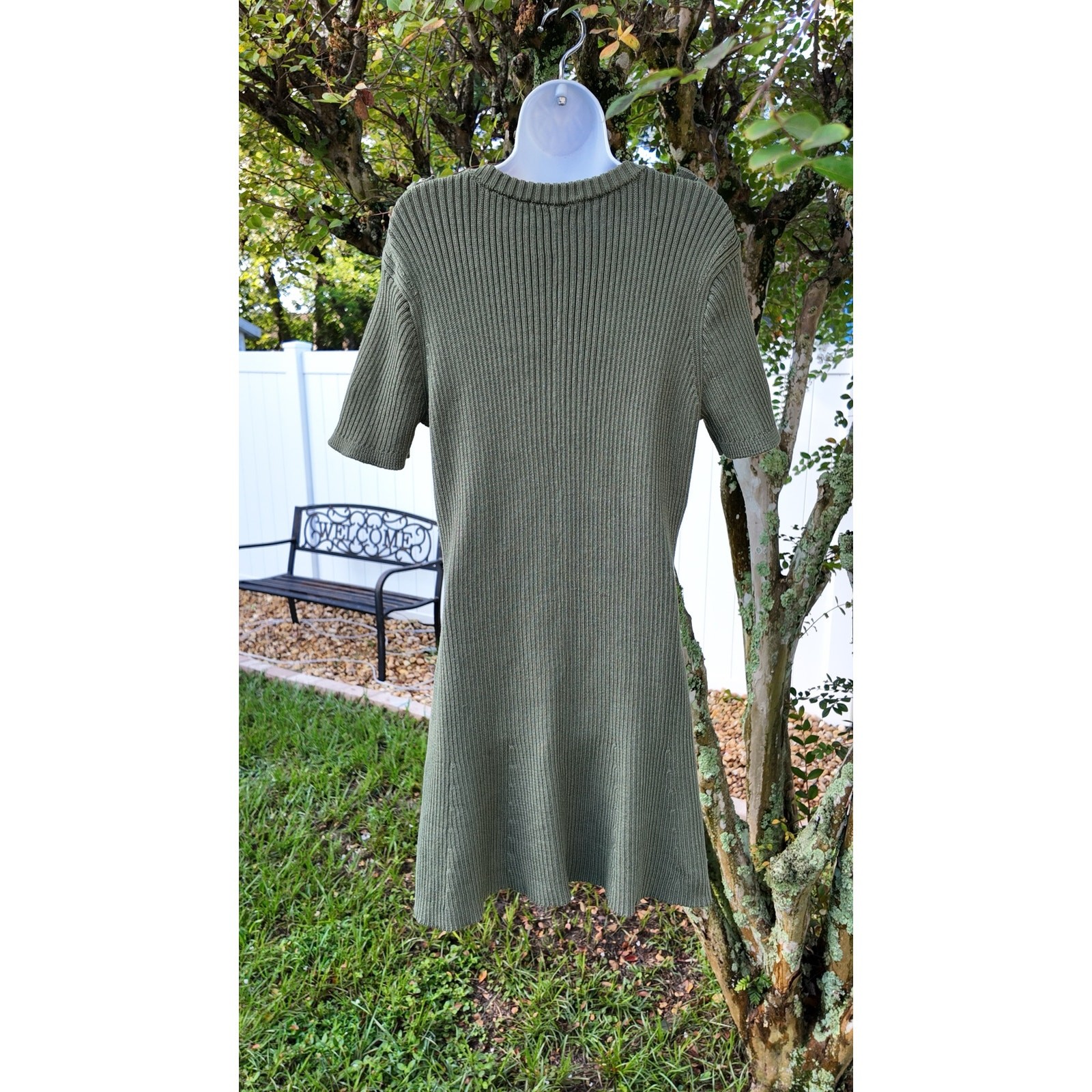 French Connection Olive Rib Knit Sweater Dress Gold Buttons Short Sleeve L