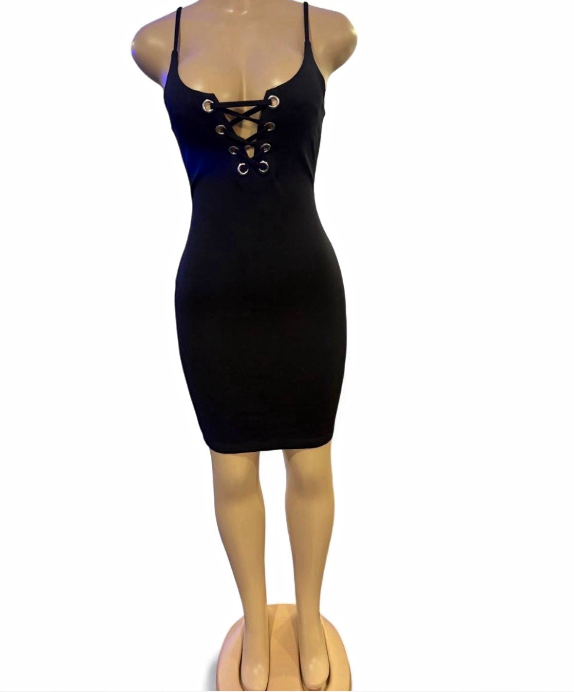 Haute Monde Black Lace-Up V-Neck Spaghetti Strap Bodycon Knee Dress S