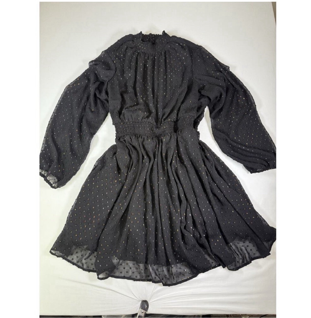 Torrid Plus Sz 2 Black Chiffon Metallic Polka Dot Smocked Fit & Flare Dress
