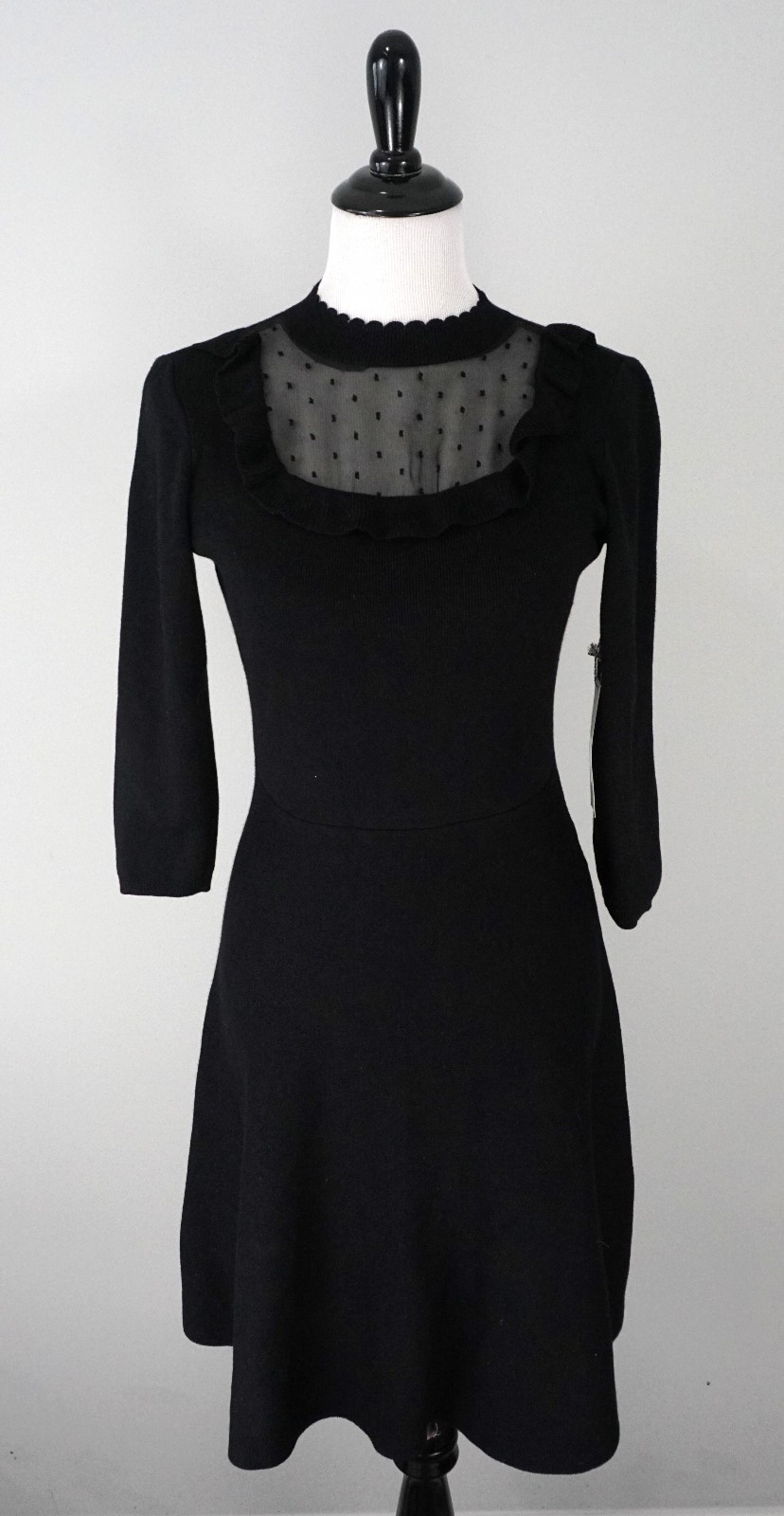 New Draper James Black Knit 3/4 Sleeve Sheer A-Line Sweater Dress Size Small