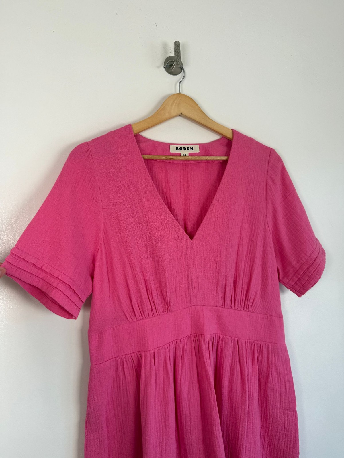 Boden Dress Size 14 Pink V Neck Double Cloth Cotton Summer Holiday Knee Length