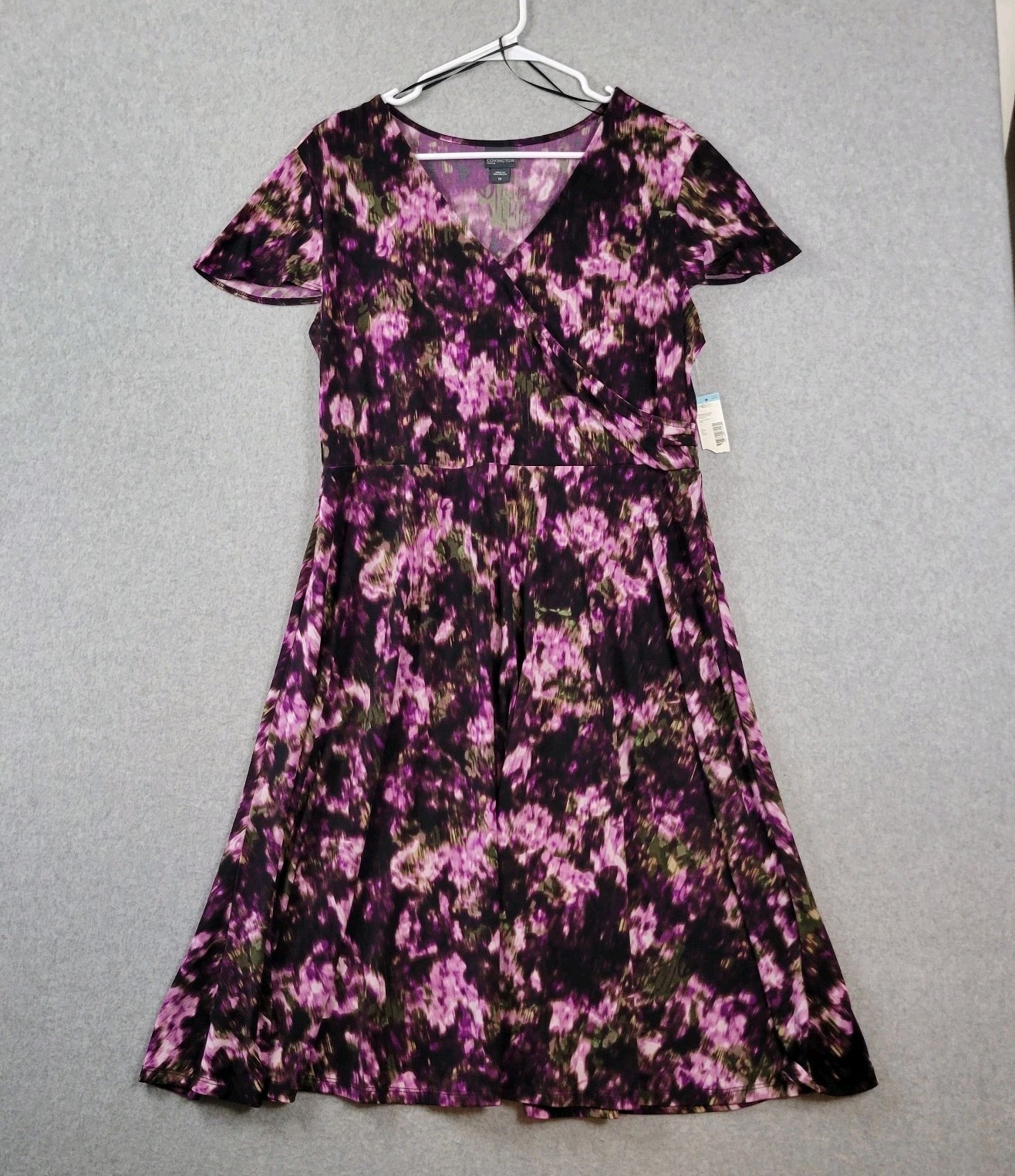 NWT Covington Purple Floral SS V Neck Faux Wrap A Line Midi Dress Womens Plus 1X