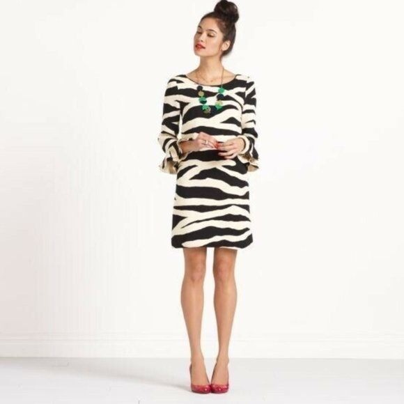 Kate Spade 100% Silk Zebra Print Shift Dress Ruffle Cuff Pockets Cream Black 8