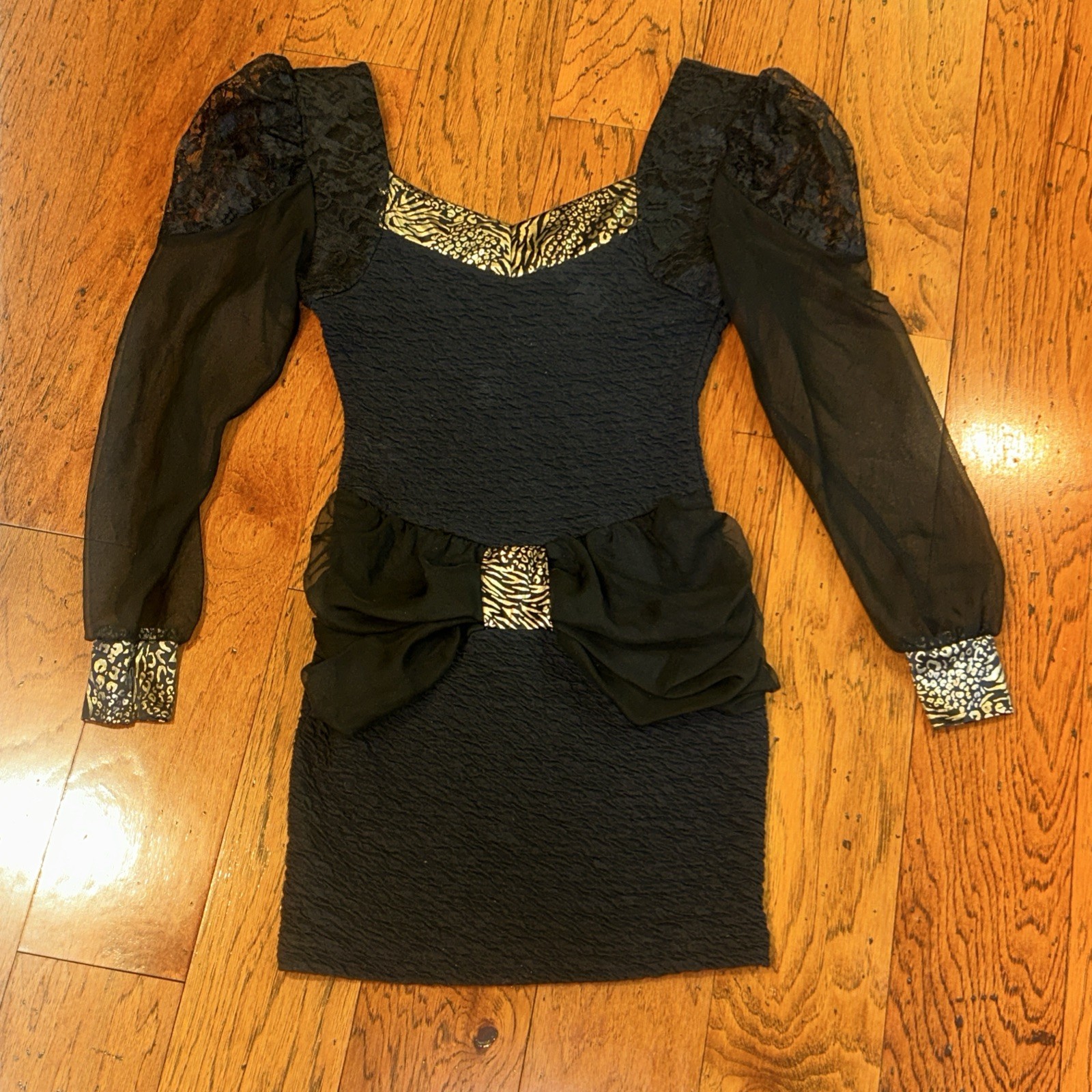 Vintage 80s Black Lycra Gold Lemay Short Cocktail Dress Size Medium Alpha USA