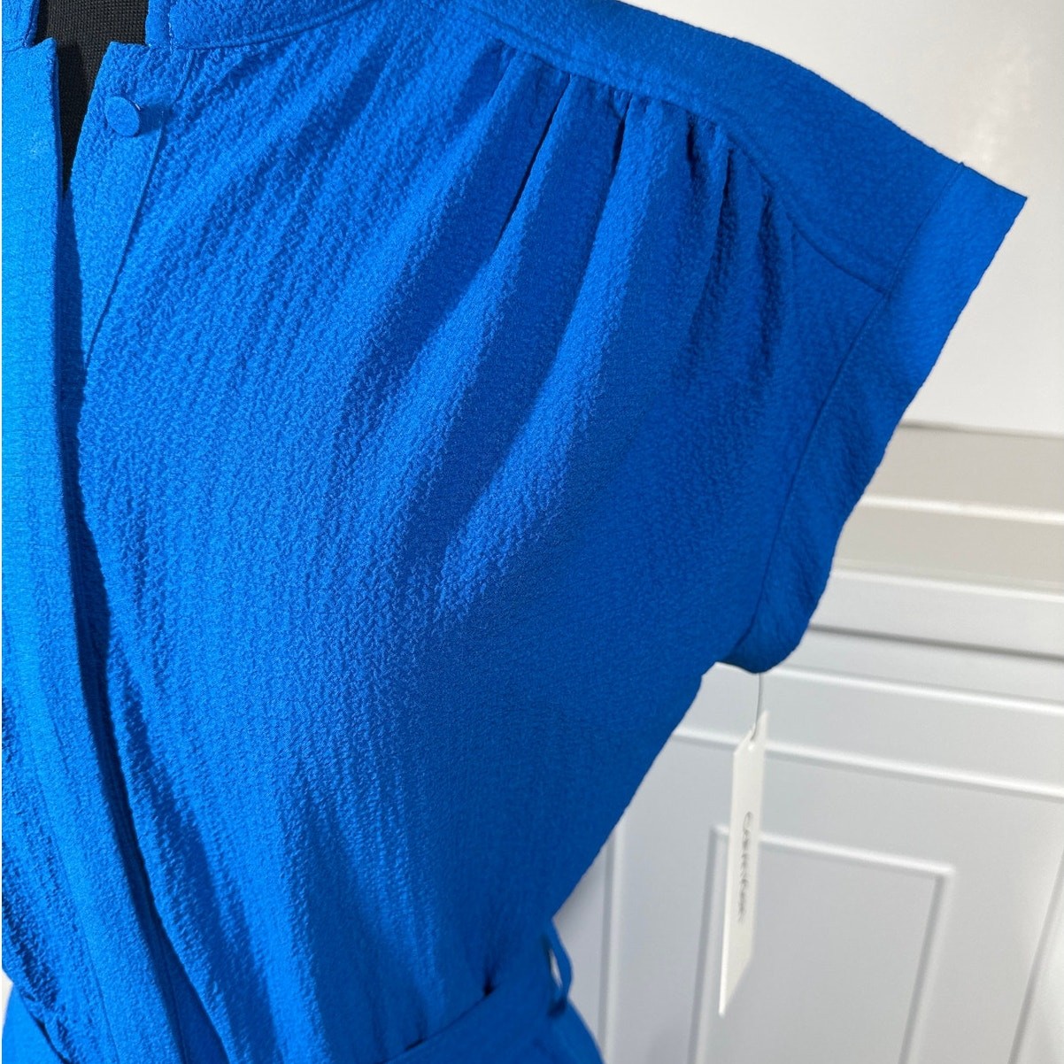 Calvin Klein Midi Button Front Dress Self Tie Textured Blue Sz 2 Office Career