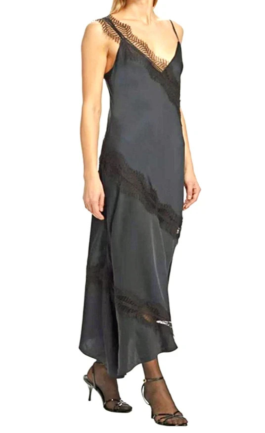 House Of Harlow Black Satin Slip Midi Dress Medium Sheer Lace Date Wedding NWT