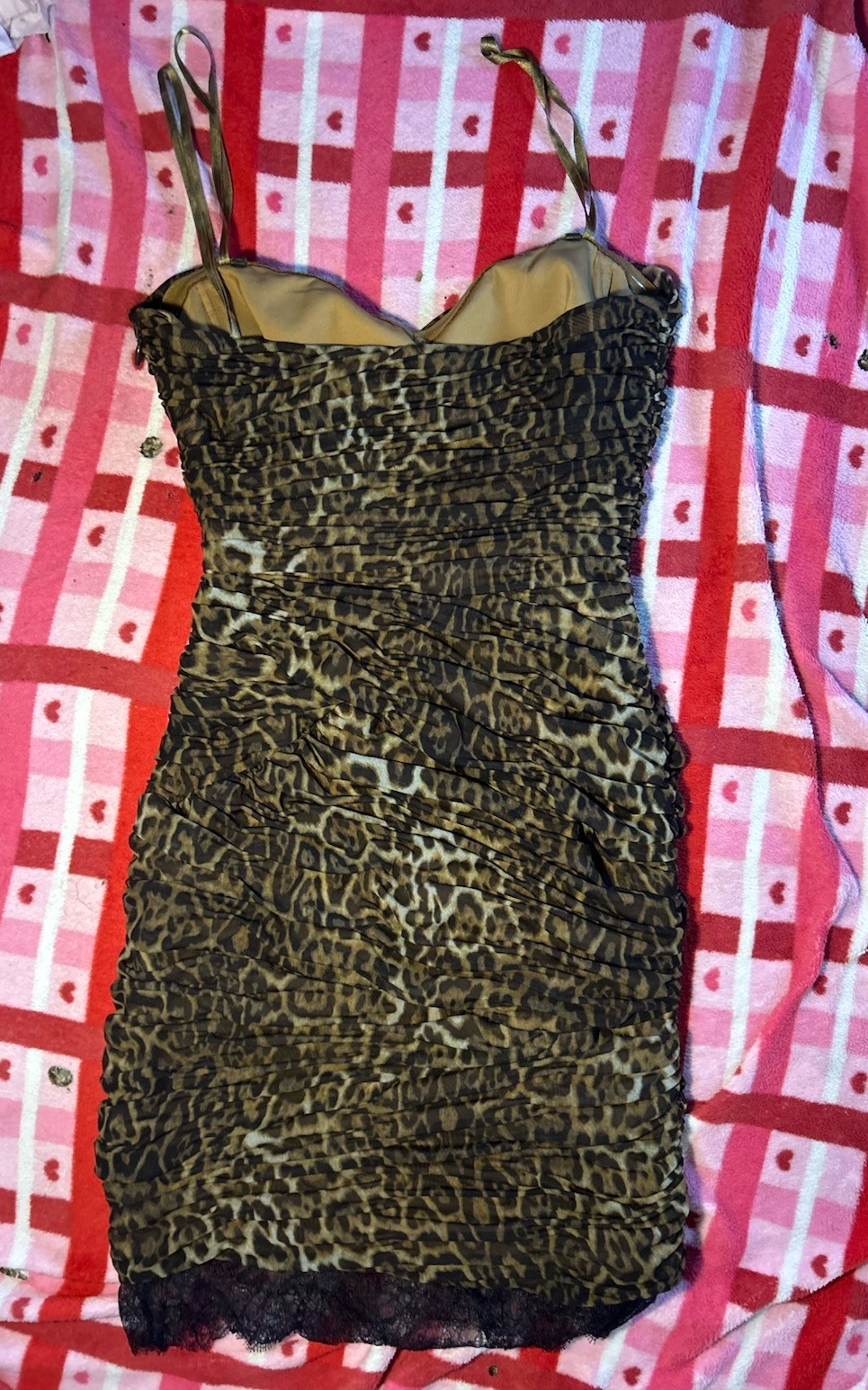 BCBGMAXAZRIA Leopard Ruched Lace Hem Strapless Bodycon Mini Dress 10