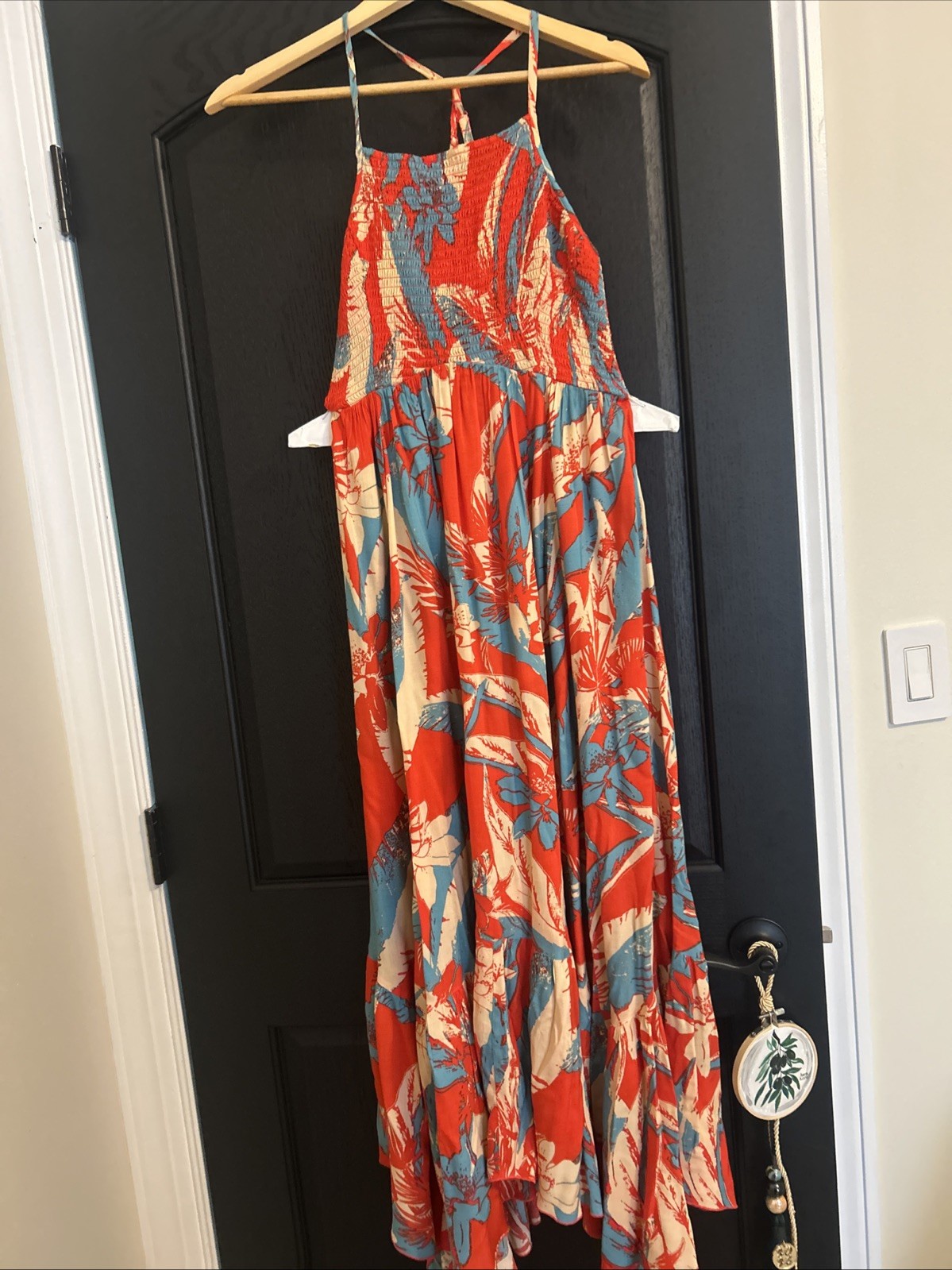 Free People Heat Wave Printed Smocked Maxi Dress Size L Adjustable Straps