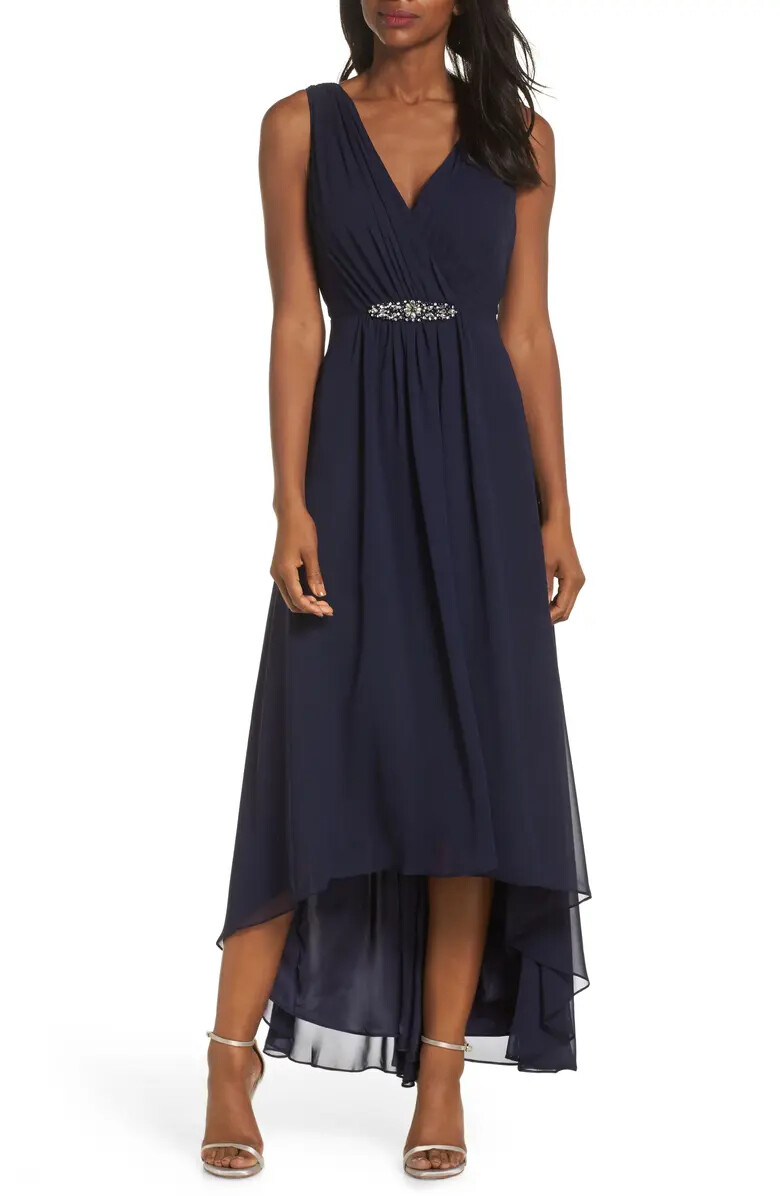 Eliza J Navy Blue Embellished High/Low Chiffon Dress Size 6 $188