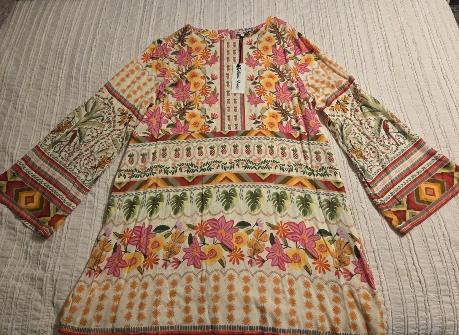 NWT CELINA MOON Bell Sleeve Floral Pink Pineapple Floral Dress Size XL X-LARGE