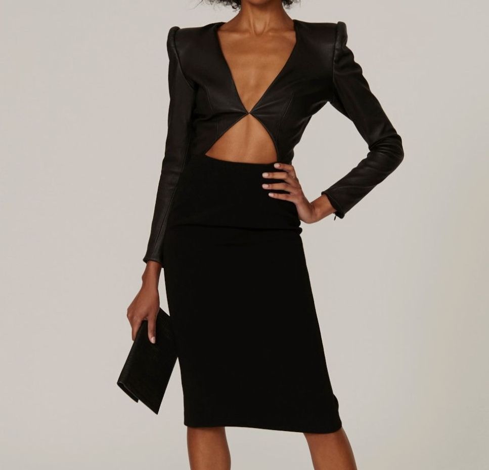 $1895 Sergio Hudson Women Black Cutout V-Neck Leather Silk Midi Dress Size 4