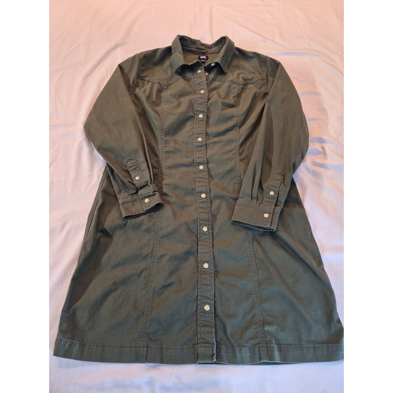 Lee Olive Green Western Pearl Snap Front Utility Shirt Dress Long Sleeve Large