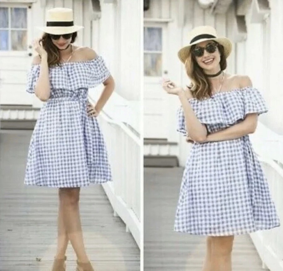 Anthropologie 11-1 Tylho Off-The-Shoulder Dress Gingham Blue SZ Petite LG NWT