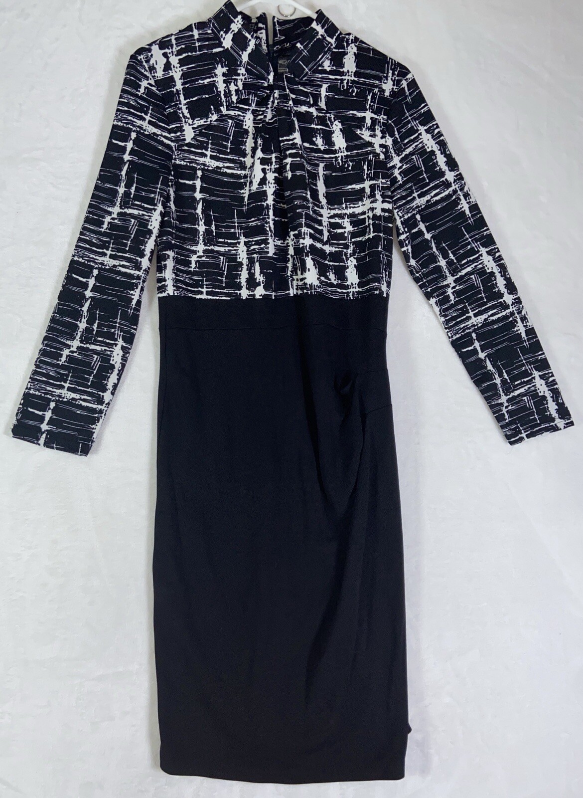 HOMEYEE Womens 10 Mini Dress A line Single Black Stretch 3/4 Sleeve EUC Abstract