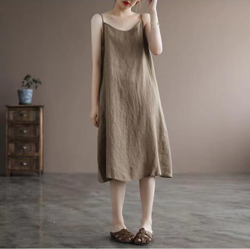 Women Cotton Linen Slip Long Baggy Dress Sleeveless Casual Strap Underskirt HOT
