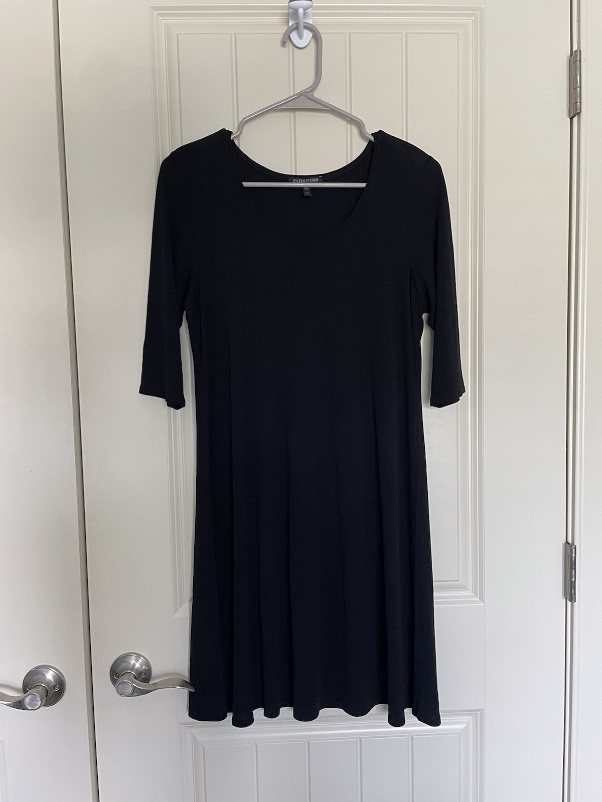 Eileen Fisher Black 100% Silk A-Line Dress Scoop Neck 3/4 Sleeve M