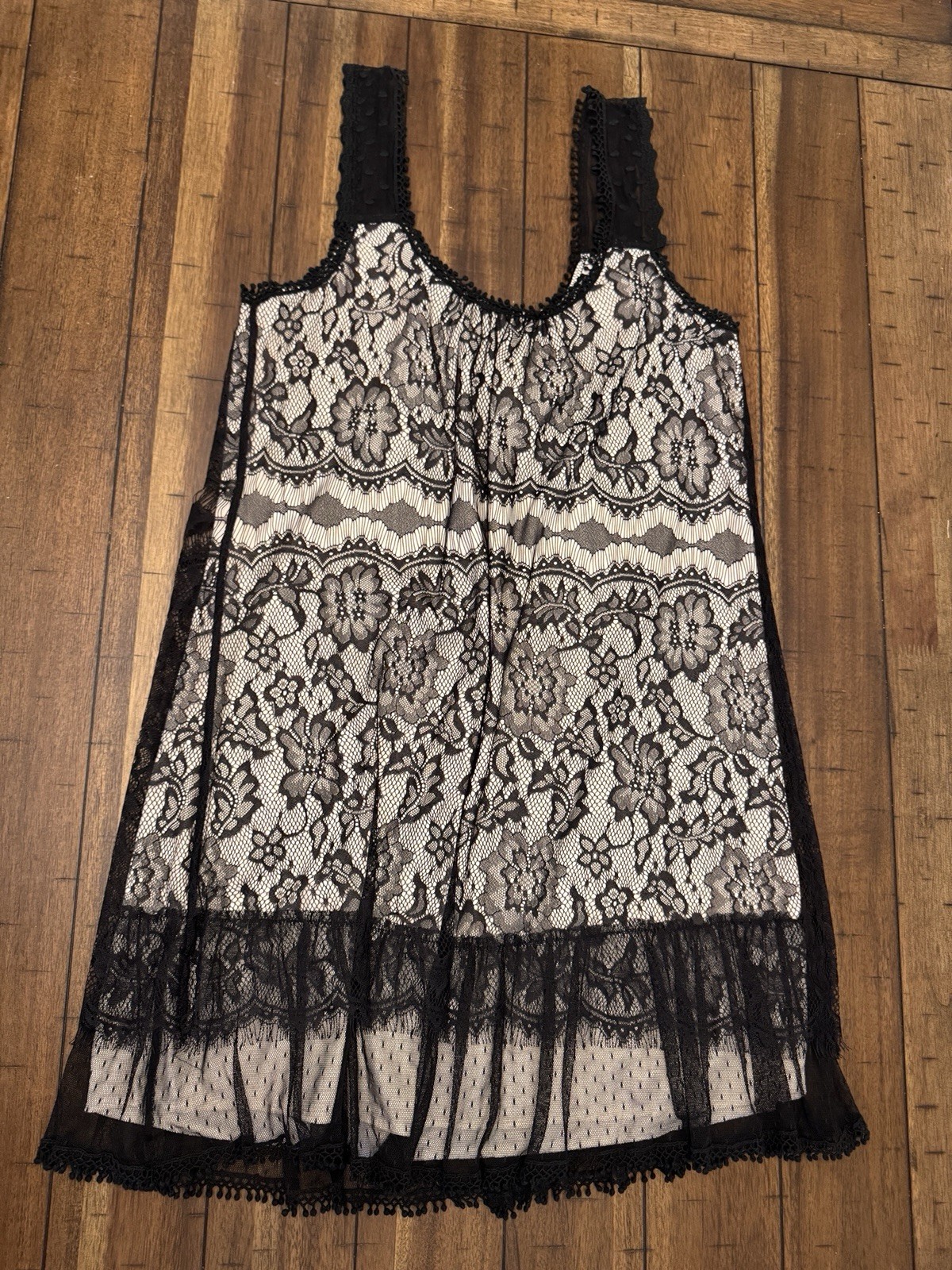 Sz M Black & Nude Lace Chiffon Gauze Gothic Mini Dress Tafetta Babydoll Sundress