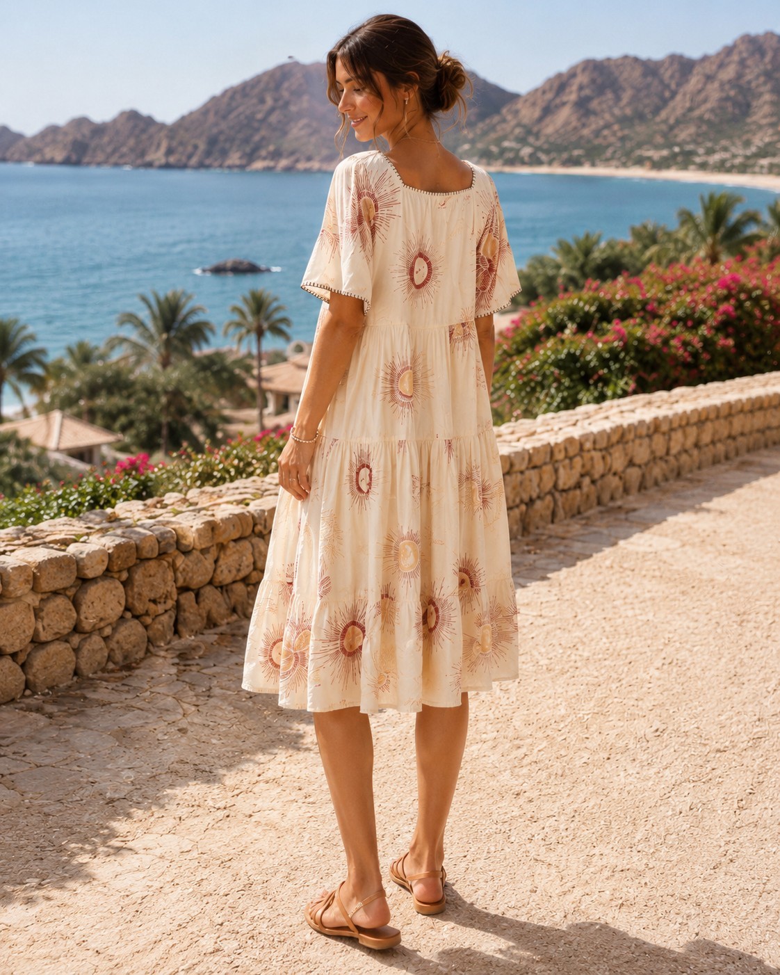 Urban Outfitters Boho Sun Moon Eclipse Dress Tiered Midi Lined Women Sz SM 43″