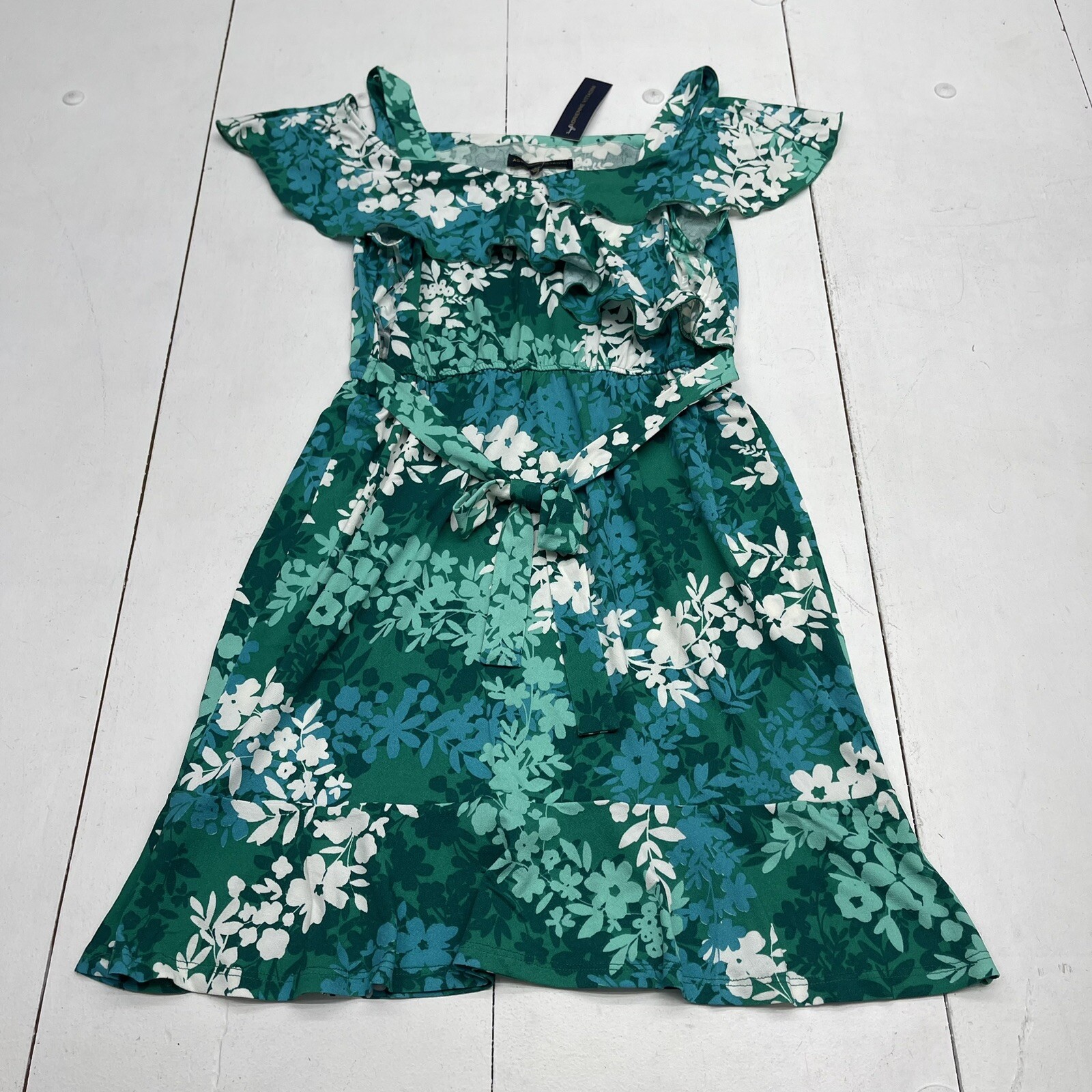Adrienne Vittadini Green Floral Cold Shoulder Tie Waist Dress Women’s Small New