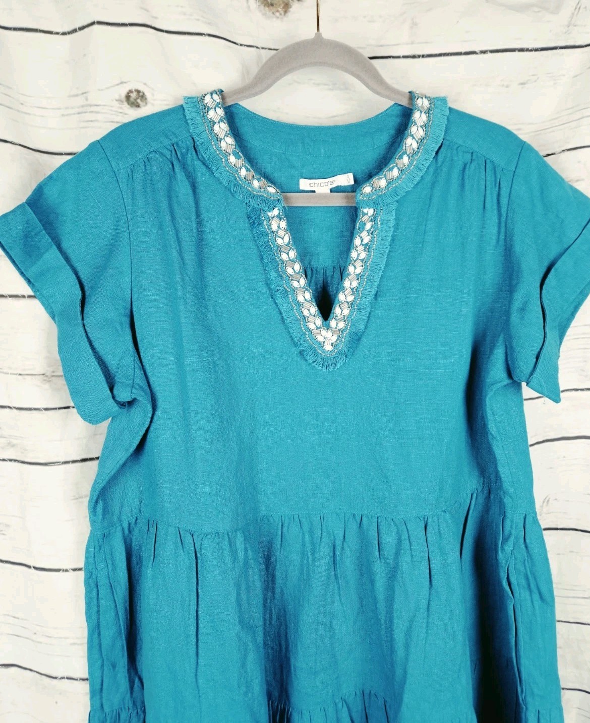 Chico’s Teal Beaded Linen Tiered Dress 2 Womens US 12 Midi Ruffle Short Sleeves