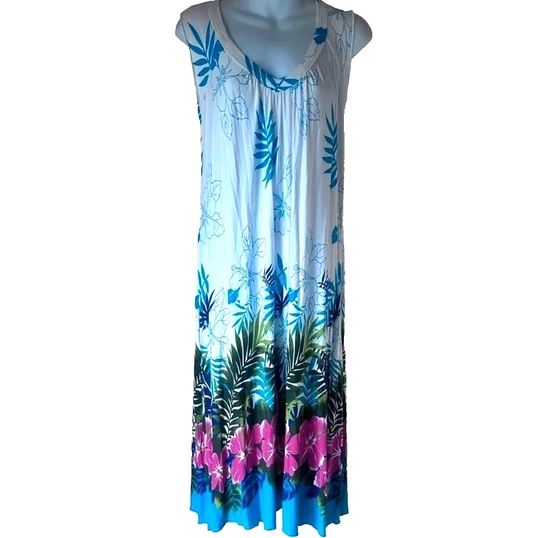 Forca Portugal Womens Midi Dress L White Blue Tropical Print Sleeveless Viscose