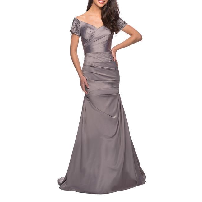 La Femme Silver Off the Shoulder Beaded Satin Trumpet Gown Dress Size 20 $488