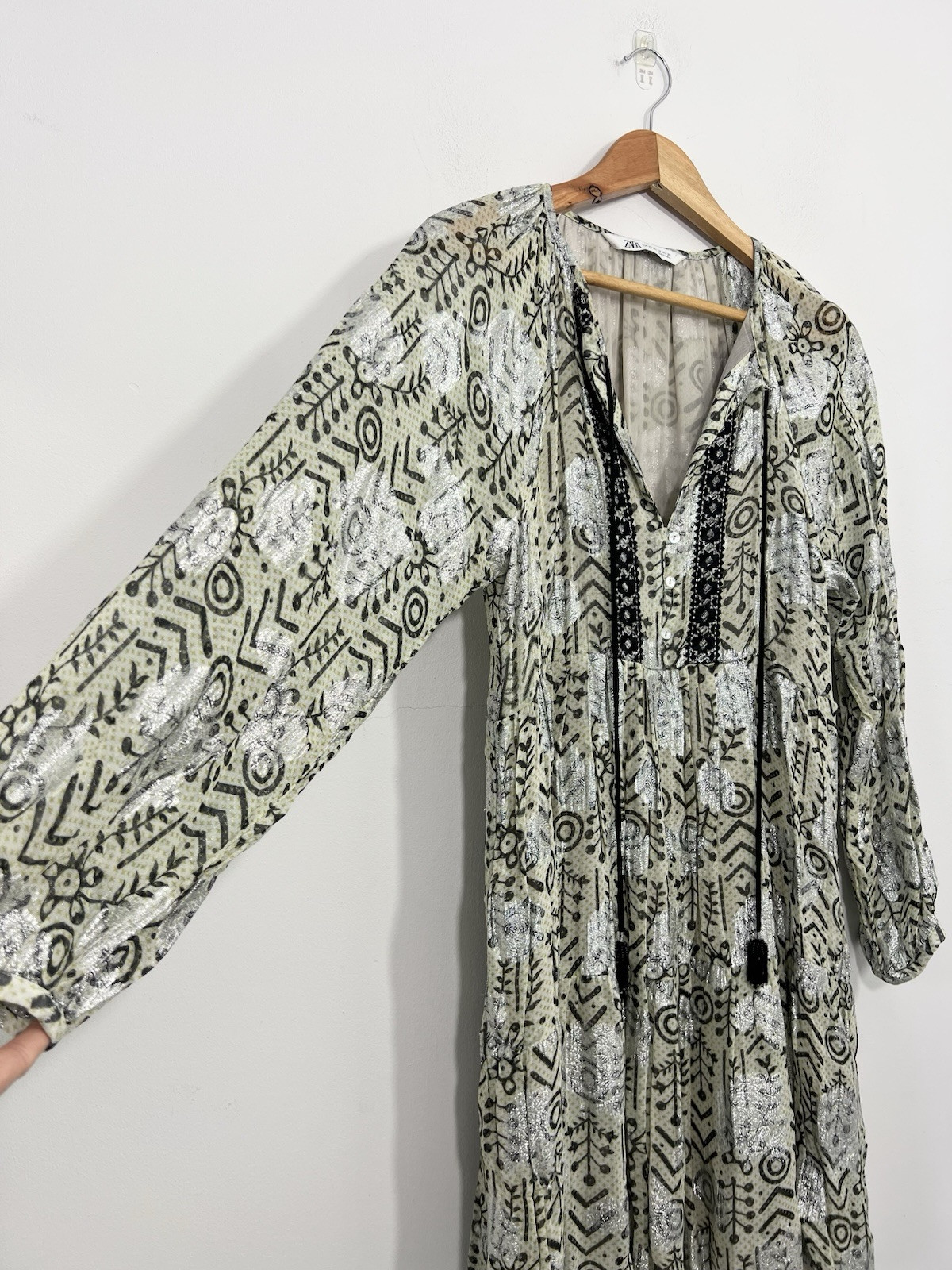 Zara A Line Boho Mini Dress Size XS Relaxed Oversized Fit Green Metallic Silver