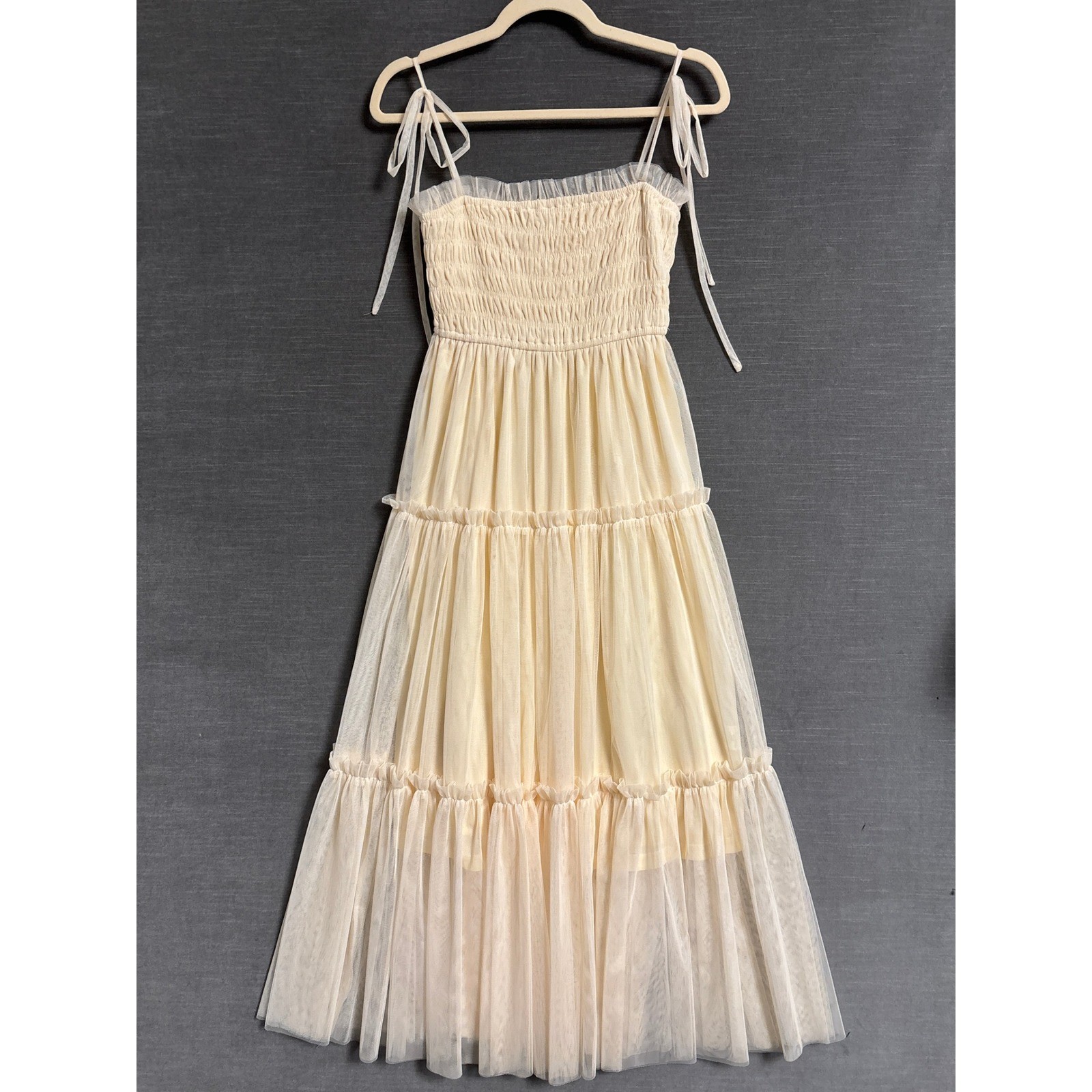 The Post Dress S Cream Tiered Smocked Tulle Mesh Adjustable Bow Romantic