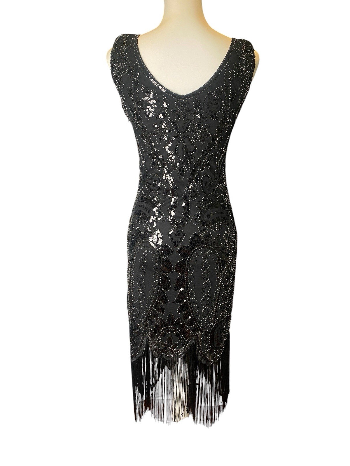 Fundaisy Gatsby Flapper Fringe Black Beaded Sequin Midi Dress, Size S, Glam
