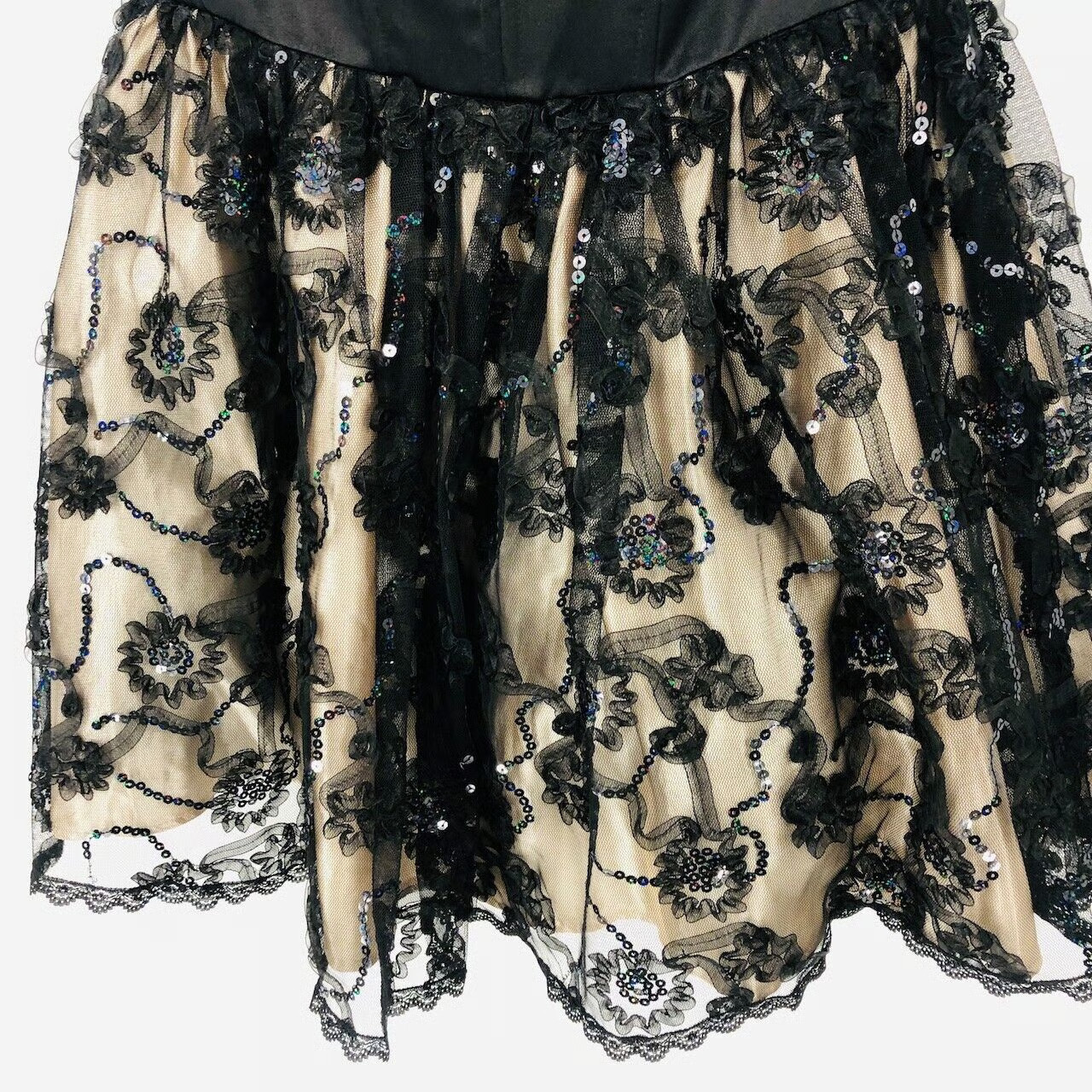 Vintage 80s Jessica McClintock Cocktail Dress Junior 7 Black/Tan Sweetheart Neck