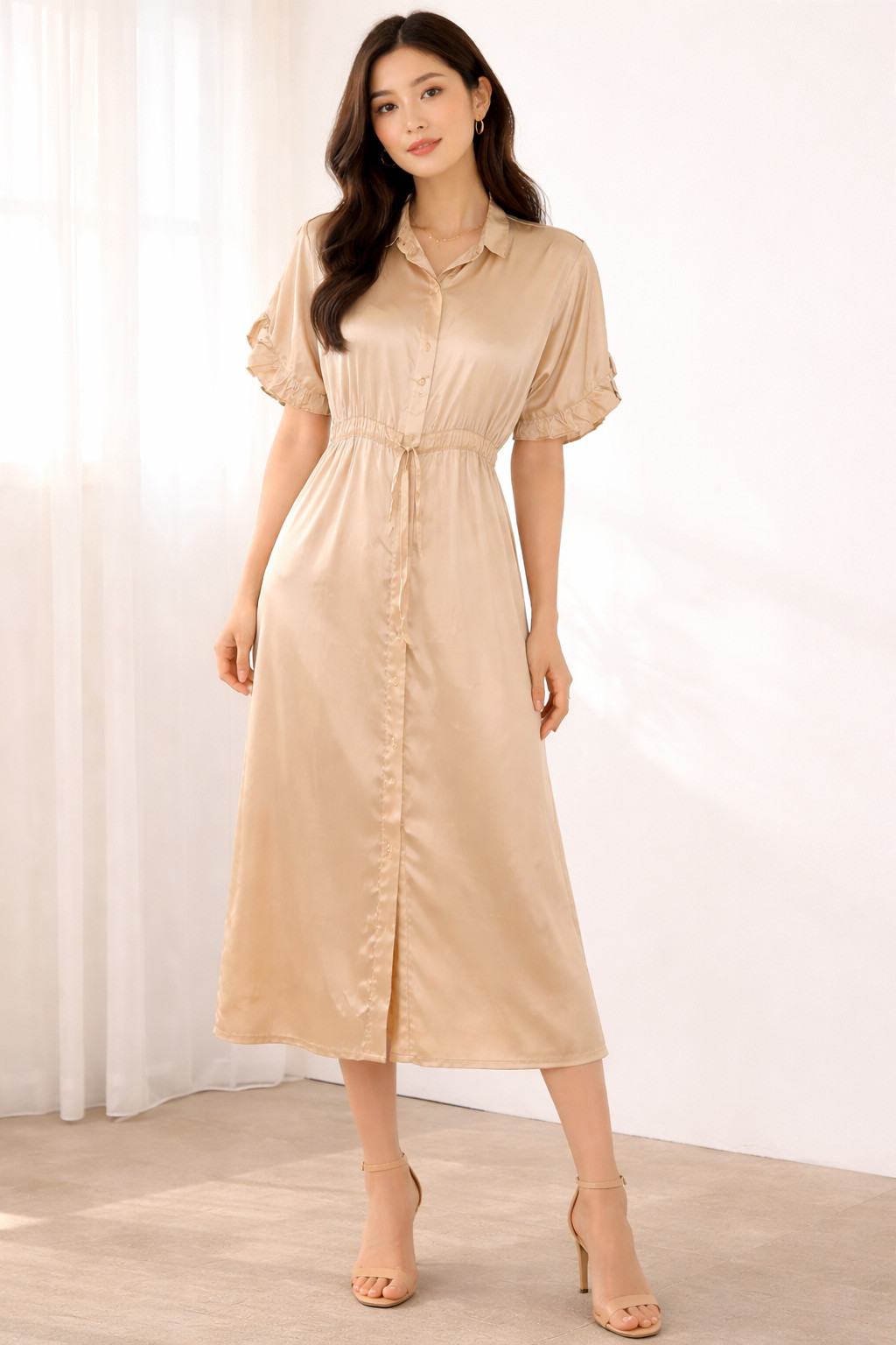 One Season Australia Women’s Tan Maxi Dress Size S Short Sleeve Collar Resort