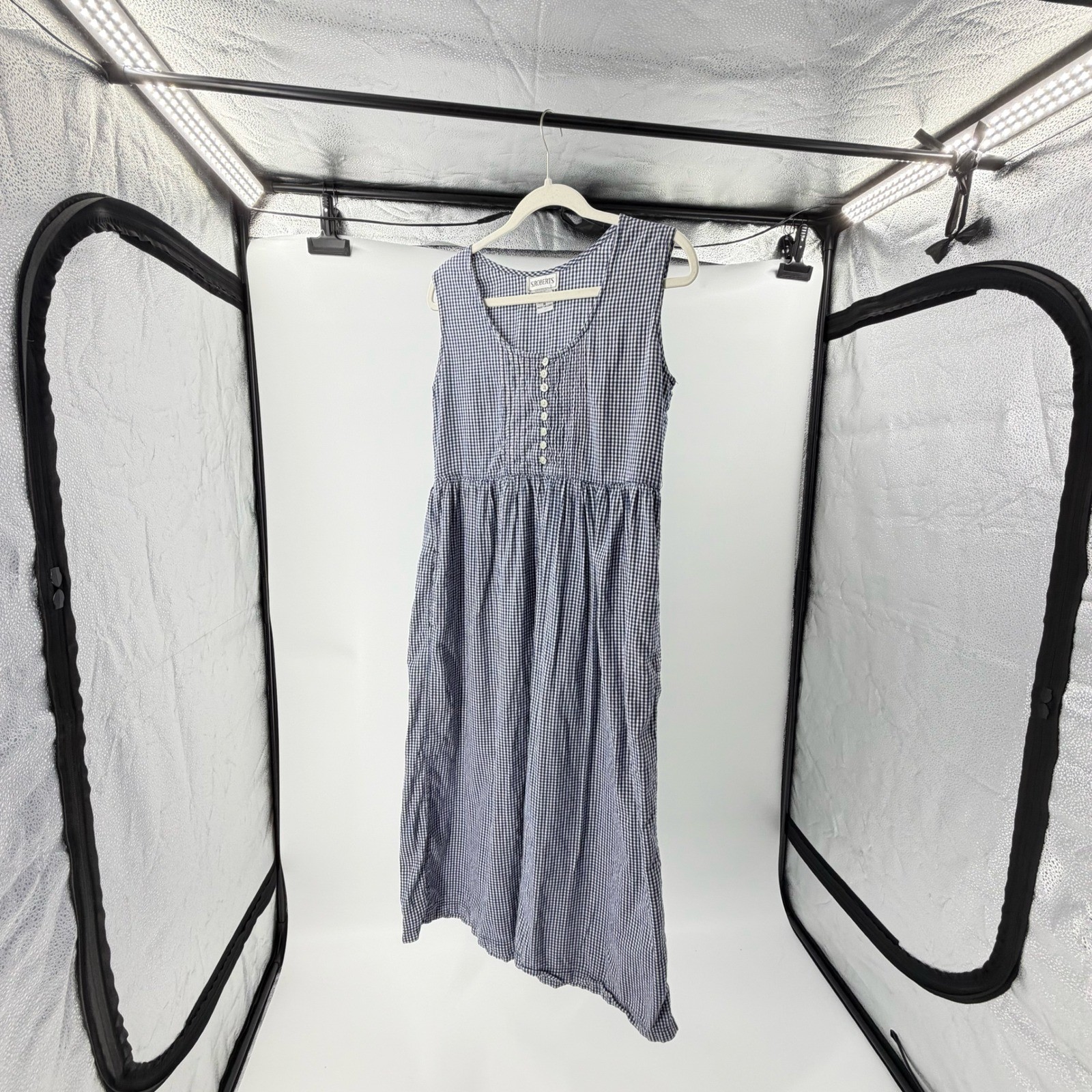 Vintage S Roberts Blue Gingham Cotton Midi Overall Dress Button Front Pockets