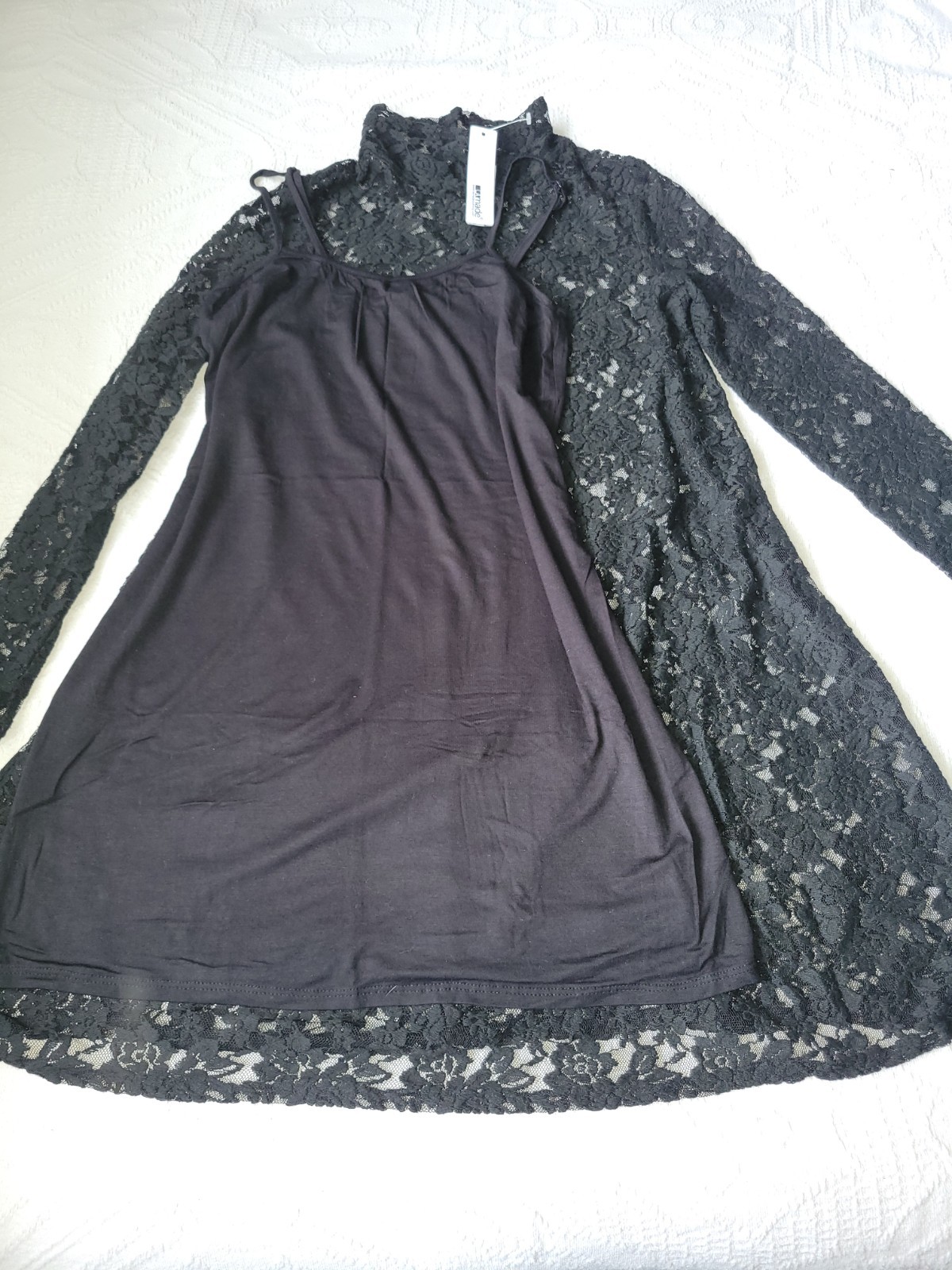 LAmade Black Lace Mock Neck Mini Dress Set with Removable Cami Slip NWT